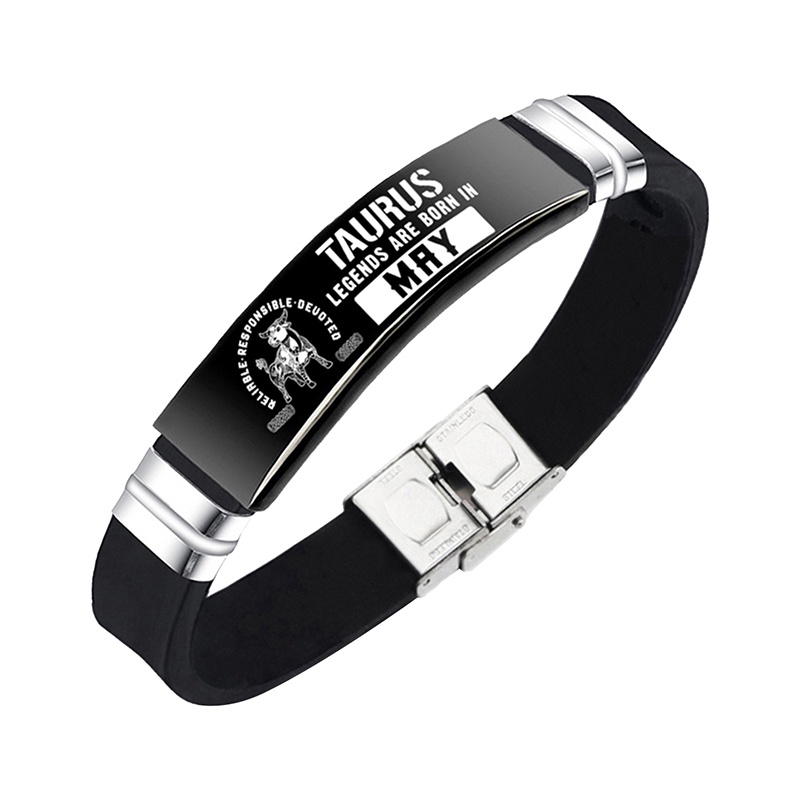 Fashion12 Zodiak Tanda Silikon Bangle Gelang Engravable Stainless Steel Gelang Konstelasi Pria Perhiasan Hadiah Ulang Tahun