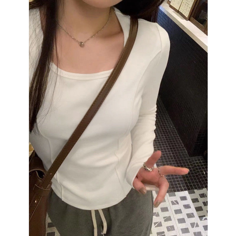 Red Dua Sisi Disikat Lembut Lilin Beludru Kemeja Wanita Musim Gugur dan Musim Dingin Dalam Kerah Persegi Tulang Ikan Tepi Busur lengan Panjang T-shirt Hangat Top