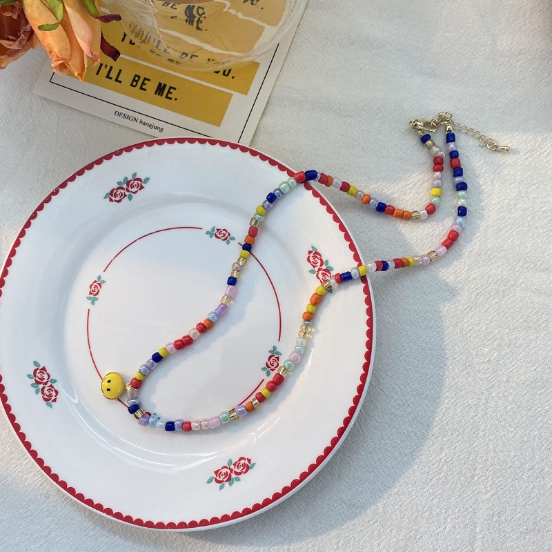 Indah Happy Smiling Face Necklace Kalung Manik-Manik Warna Bohemian Etnik Untuk Wanita Korea Liontin Sederhana