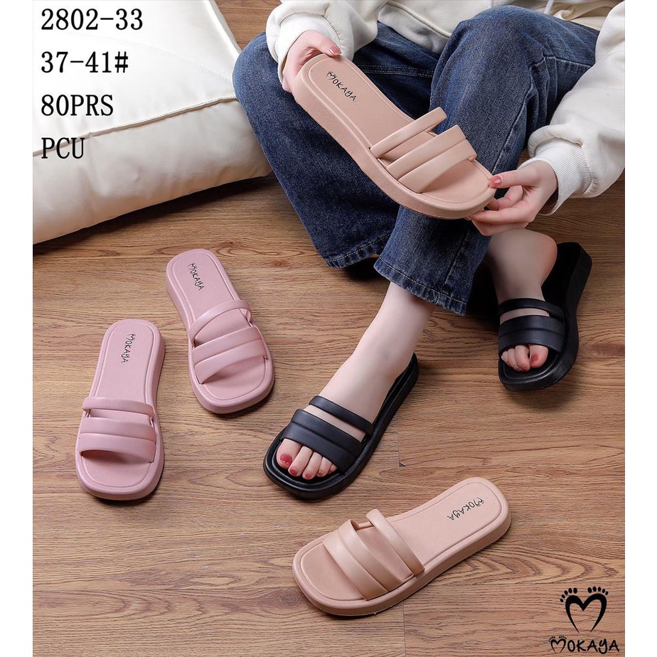 Sandal Slop Wedges Wanita Ban 2 Sambung Tali Polos Super Pretty Casual Kekinian Import Mokaya / Size 37-41 (2802-33)