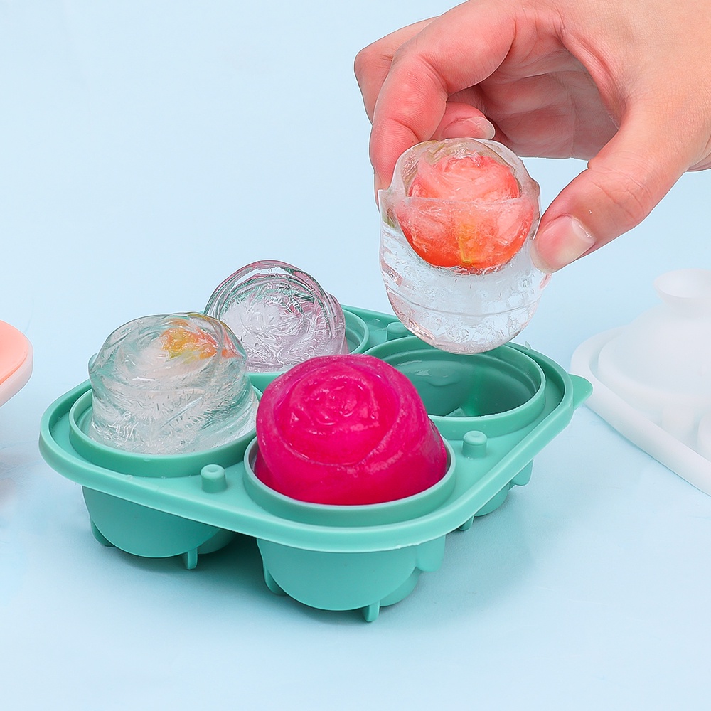 Reusable Ice Cream Making Cup Easy-Demoulding Juice Model Hoki Silikon Food Grade Cetakan Es Batu 4 Cavity Bunga Mawar Icy Ball Mold Untuk Rumah Pub Dessert Shop