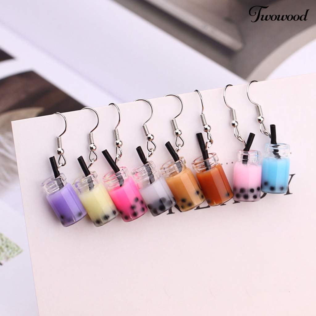 Twowood 1pasang Anting Kait Lucu Imut Gaya Sederhana Hypoallergenic Hadiah Kaca Teh Susu Liontin Wanita Menjuntai Anting Perhiasan Fashion