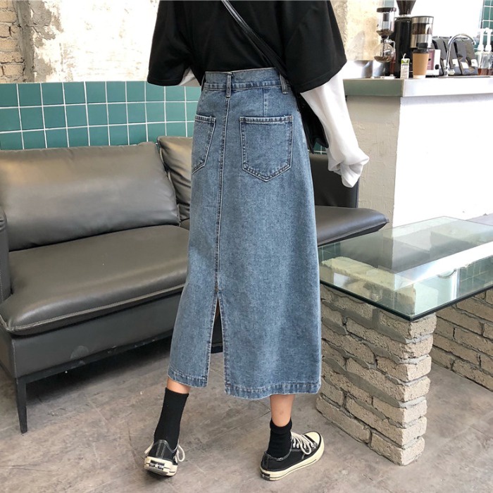 Rok Midi Panjang Korean Style Split Skirt Denim High Waist