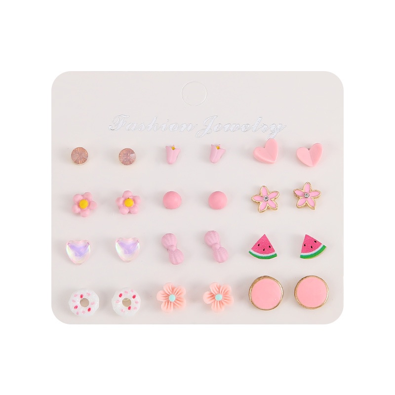 12pasang/set Sederhana Fashion Hati Bintang Bunga Anting Tusuk Donat Dolphin Mermaid Earrings Jewelry Untuk Wanita Anak