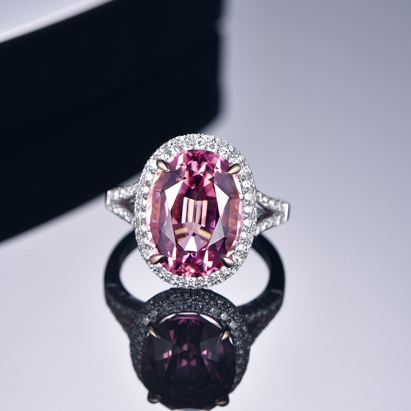 Goldkingdom Fashion Perhiasan Aksesoris Ready Stock Perhiasan 5karat Sintetis Pink Tourmaline Cincin Perempuan Berlapis 18K Emas Putih Bertatahkan Zirkon Hidup Cincin