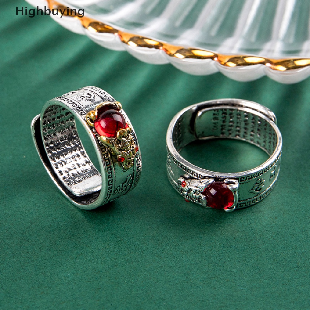 Hbid 1PCS Cina Feng Shui Pixiu Cincin Vintage Perak Disepuh Hati Sutra Beruntung Awan Diukir Cincin Batu Merah Permata Pi Xiu Binatang Cincin Pria Wanita Jari Cincin Perhiasan Antik Glory