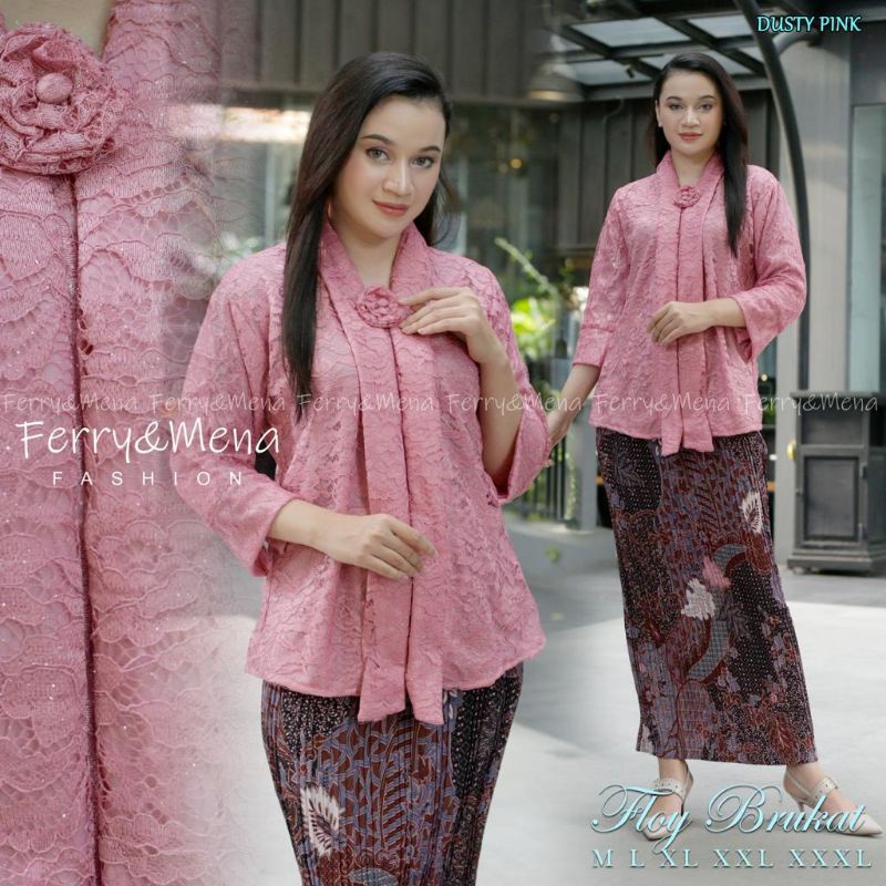 ( KEBAYA MODERN ) Setelan Kebaya Brukat Kutu Baru Floy Dewasa Lengan 3/4 Mix Rok Plisket Batik Panja