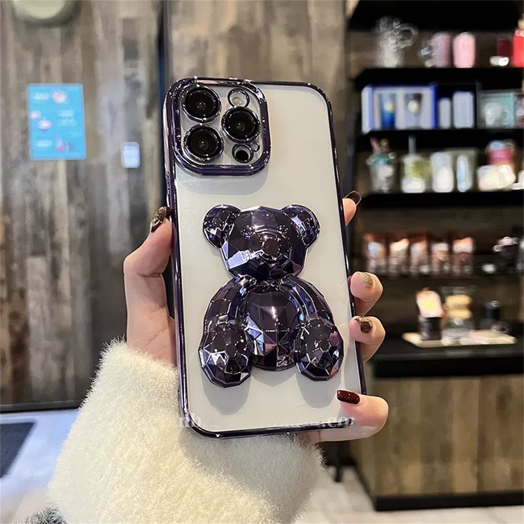 Luxury Metal 3D Cub Case iPhone 14 Pro Max Case iPhone 13 12 Pro Max Case14 Plus Promax Pelindung Kamera Lensa Case Iphone14 Transparan Shockproof TPU Penutup Belakang