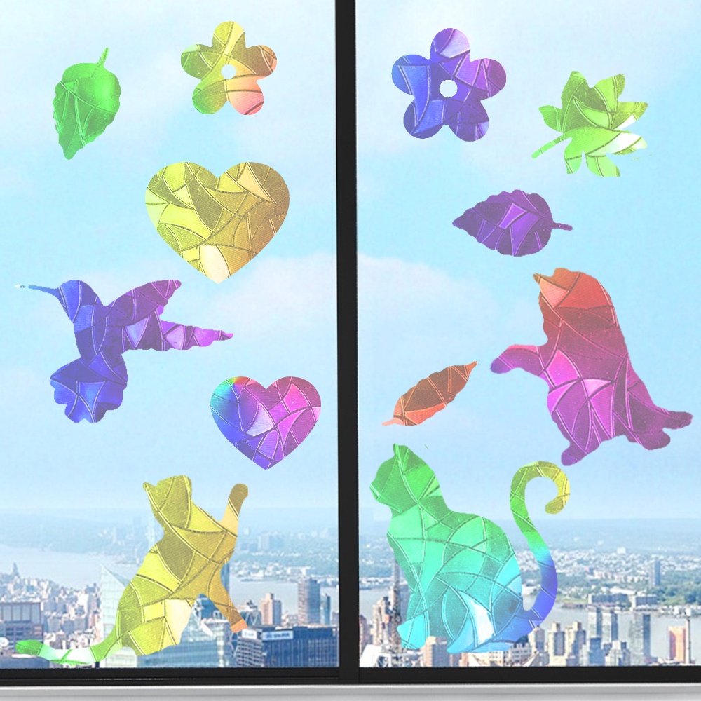 Rainbow Prism Electrostatic Glass Sticker Electrostatic PVC Removable Window Decals Jantung Bunga Kucing Burung Daun Pola Stiker Kindergarden Dekorasi Rumah Kantor