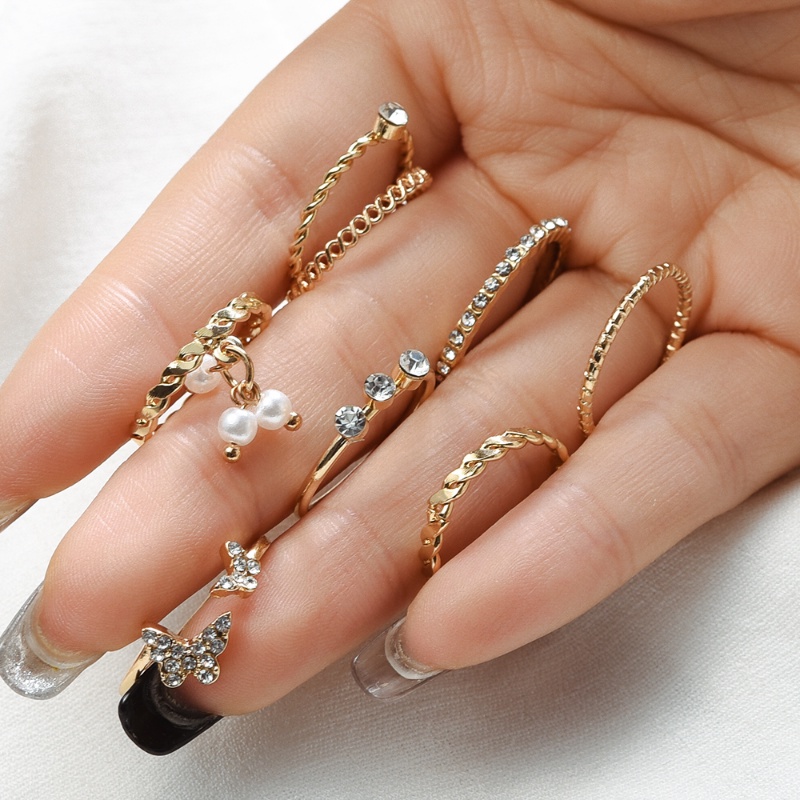 7 Pcs Set Wanita Fashion Bohemia Berongga Kupu-Kupu Cincin Wanita Vintage Elegan Kristal Mutiara Adjustable Terbuka Jari Cincin Gadis Halus Halus Tipis Cincin Populer Perhiasan Aksesoris