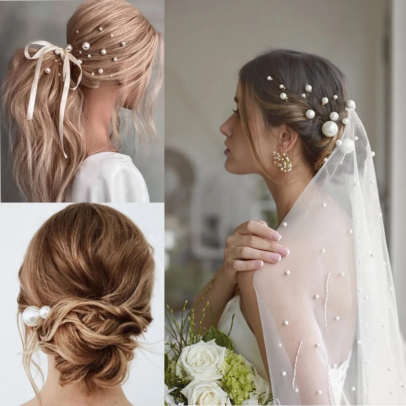 16pcs Jepit Rambut Mutiara Imitasi Elegan/Klip Logam Mutiara Berbentuk U Sederhana/Tiara Pengantin Aksesoris Styling Rambut Pernikahan