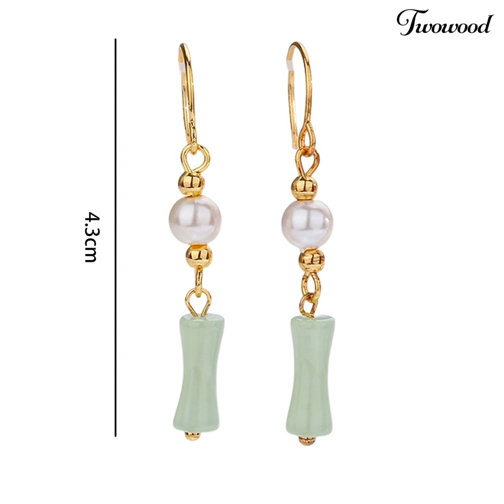 Twowood 1pasang Anting Menjuntai Manik-Manik Mutiara Imitasi Gaya Cina Faux Hetian Jade Bamboo Joint Hook Earrings Aksesoris Perhiasan