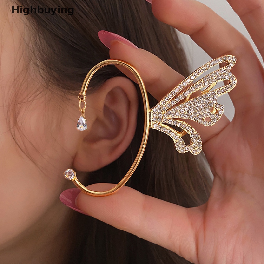 Hbid Trend Shiny Butterfly Kristal Klip Telinga Untuk Wanita Perempuan Logam Kristal C-Shape Ada Anting Telinga Berkilau Klip Earrings Perhiasan Pernikahan Glory