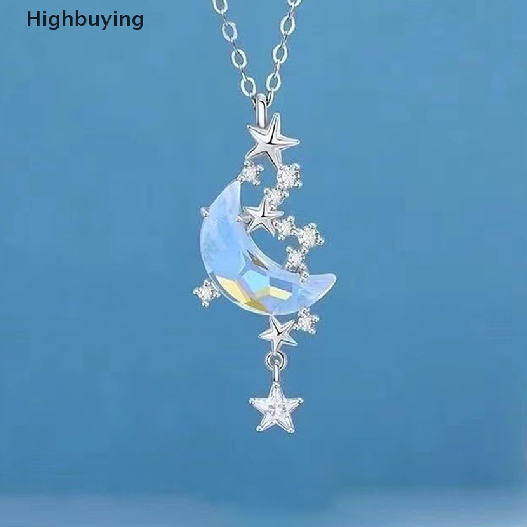 Hbid Bintang Bulan Moonstone Titanium Steel Rantai Kalung Wanita Romantis Batu Mengkilap Liontin Kalung Pesta Pernikahan Fashion Perhiasan Glory