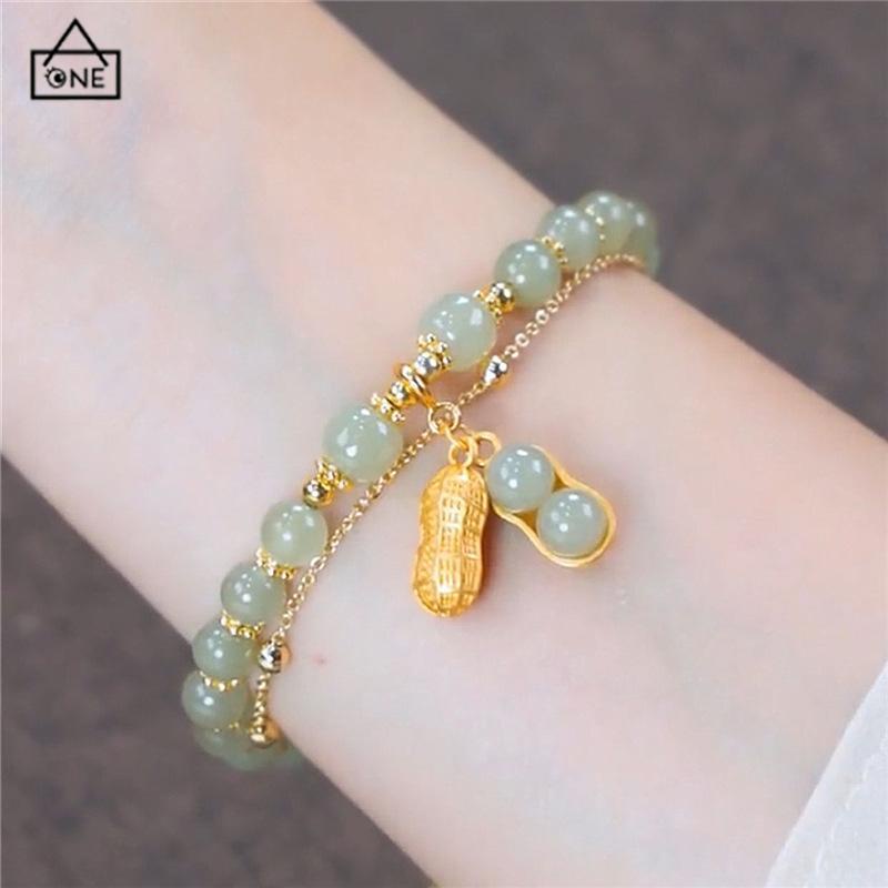 COD❤️Gelang Rantai Emas Hijau Liontin Kacang Gaya Cina Retro Untuk Wanita-A.one