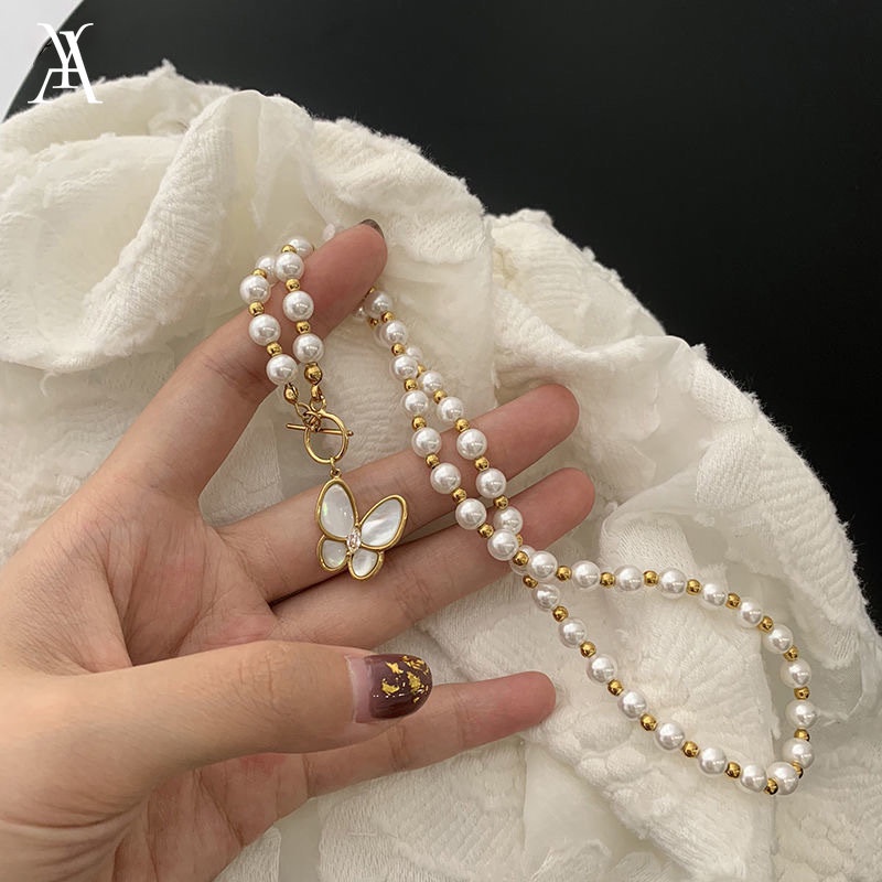 AY(CN) Korean Jewelry Pearl Chain Necklace Fashion Gold Beaded Choker Butterfly Pendant Necklaces Women Accessories Gift