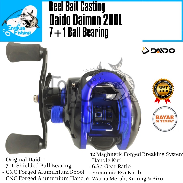 Reel Pancing BC BaitCasting Daido Daimon 200L (7+1 Bearing) 6.8:1 Handle kiri Drag 6kg Murah - Engkus Fishing