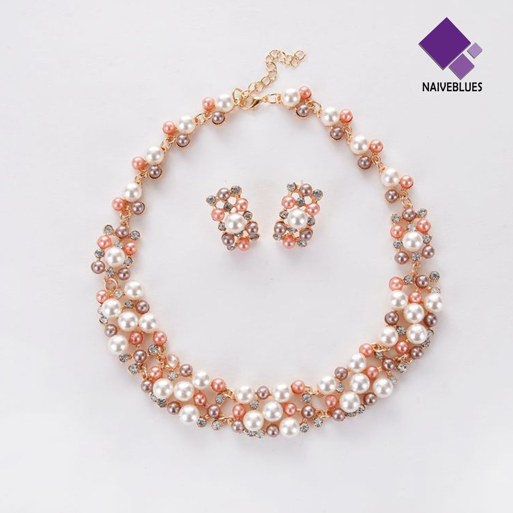 Naiveblue &gt; 2pcs/Set Perhiasan Pernikahan Mutiara Imitasi Multi Warna Mewah Halus Wanita Kalung