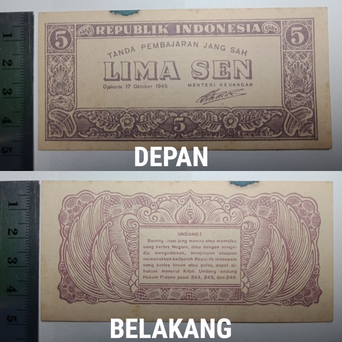 Uang Kuno Indonesia 5 SEN Asli tahun 1945 Peninggalan Sejarah