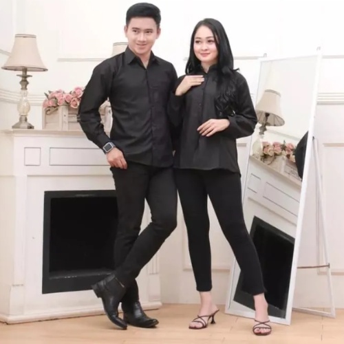 Kemeja Couple Pasangan Cewek Cowok Polos lengan panjang slimfit hem pria kantor hitam navy putih