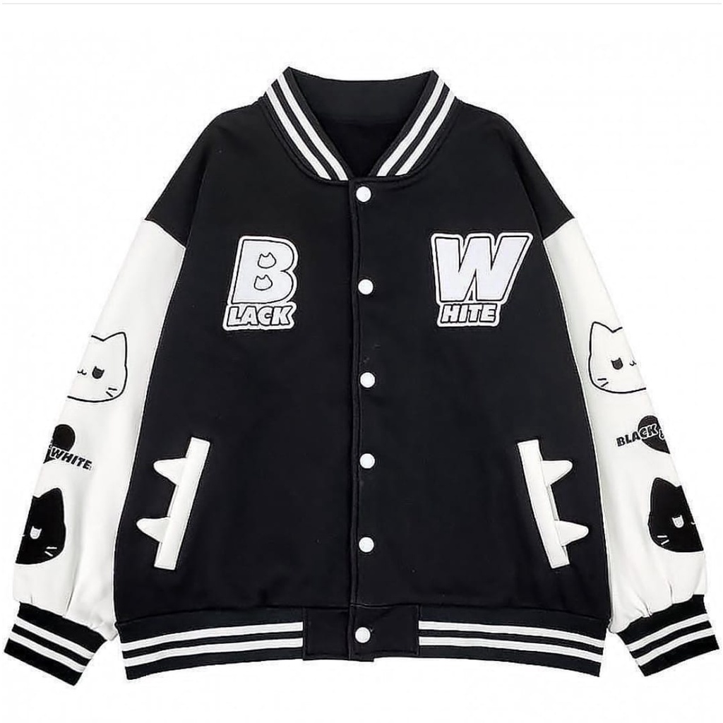 BLACK WHITE JAKET BASEBALL VARISTY WANITA OVERSIZE | JAKET BASEBALL VARSITY KOREAN STYLE