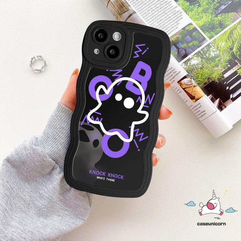 IPHONE Casing Ponsel Hitam Kompatibel Untuk Iphone11 13 12 14 Pro Max XR 6s 6 7 8 Plus X XS Max14 Plus SE 2020 7Plus Kartun Lucu Imut Hantu Monster Kecil Lembut Bergelombang Tepi Penutup Belakang