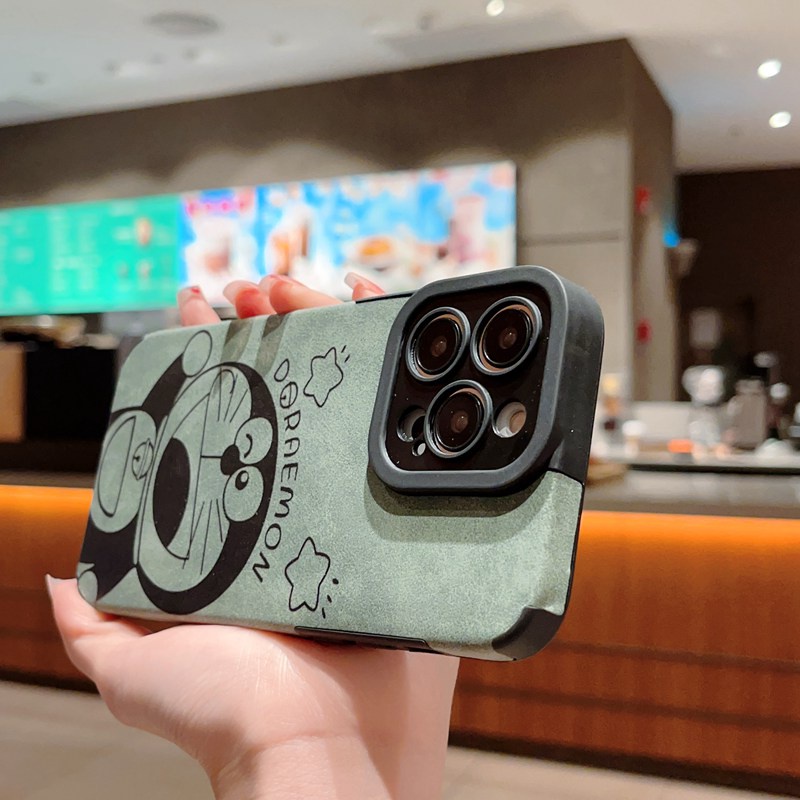 Green Leather Soft Case for IPhone 7 Plus 8 Plus X XS XR XS Max 11 13 12 14 PRO Max 14 Plus SE 2020 2022 Cute Star Green Cute Doraemon Cat