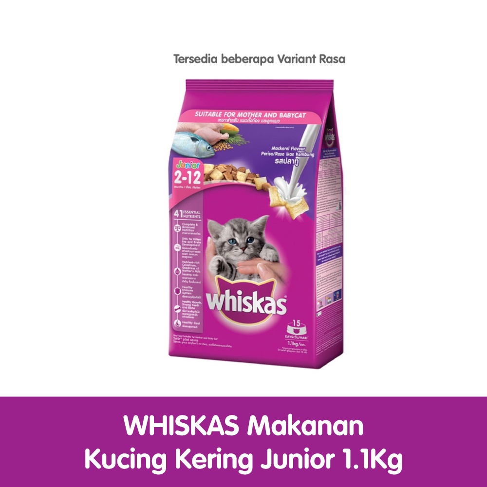 WHISKAS Junior Makanan Kucing Kering, 1.1 kg. Makanan Anak Kucing untuk umur 2-12 bulan Junior Ocean Fish 1.1KG / Dry Kitten Mother Baby Cat Food