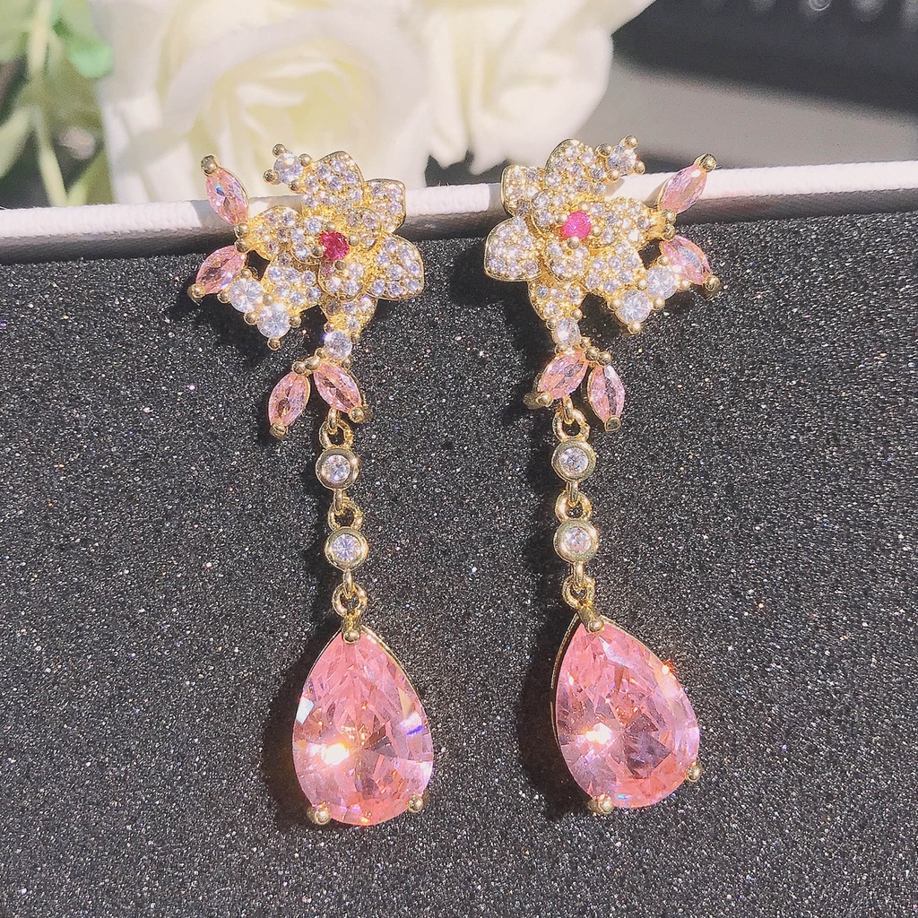 Goldkingdom Fashion Perhiasan Aksesoris Ready Stock Bunga Anting Stud Perak Jarum Tiga Dimensi Rose Pink Tetesan Air Berbentuk Permata Anting Kristal Panjang Anting Wanita