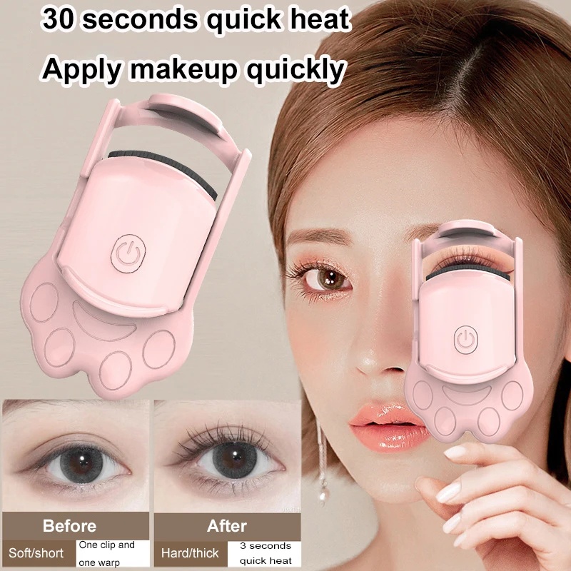 1set Cute Pink White Penjepit Bulu Mata Cat Claw Electric Lash Curler Mini Quick Lash Curler Lash Curler Kontrol Suhu Cat Claw Eyelashes Curler Untuk Wanita