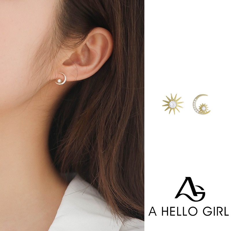 Anting Tusuk Asimetris Bentuk Bulan Bintang Mini Hias Berlian Imitasi Untuk Wanita