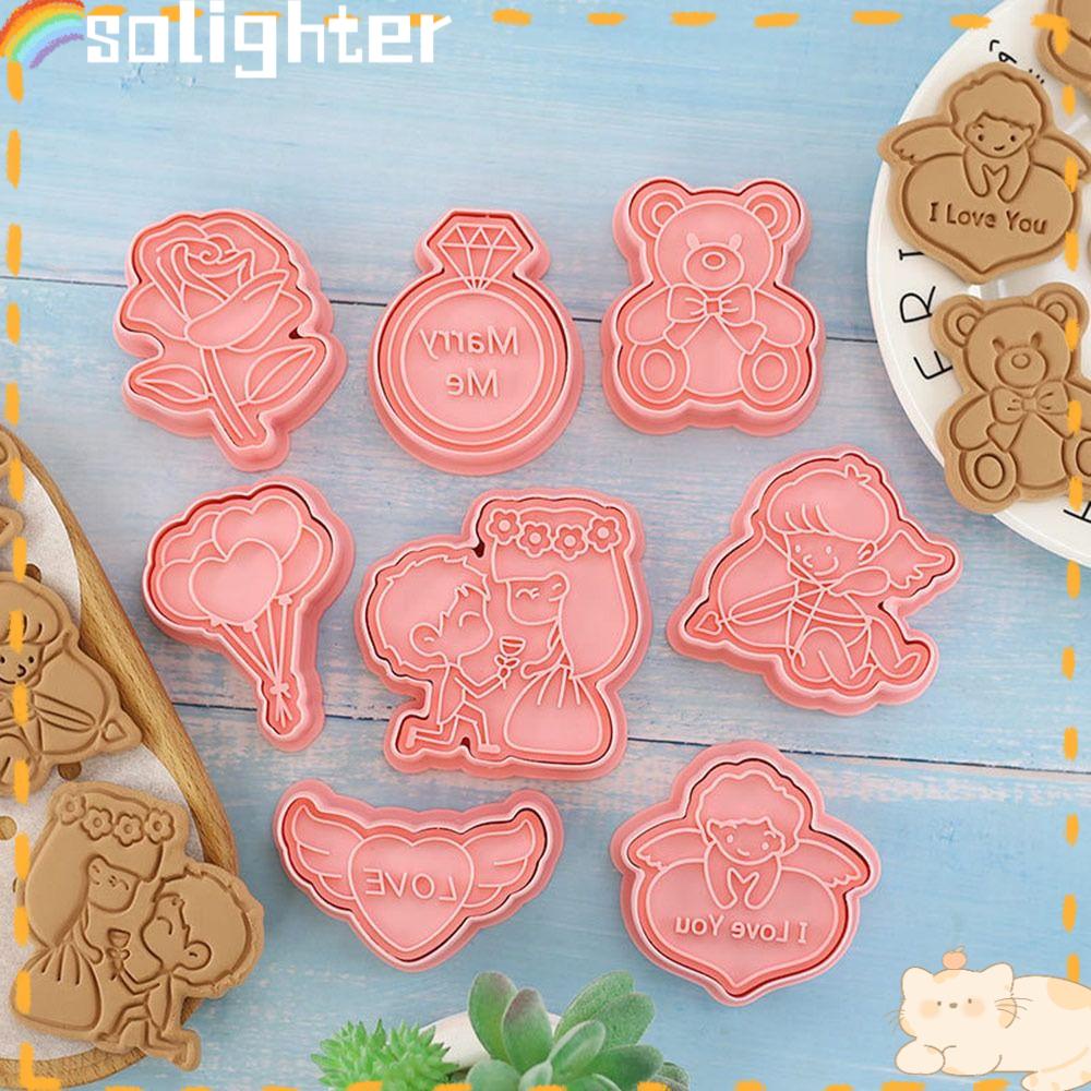 Solighter 8pcs/set Cetakan Biskuit Makanan Fondant Kue Alat Cupid Balon Bunga Mawar Plastik Berlian Cetakan Kue