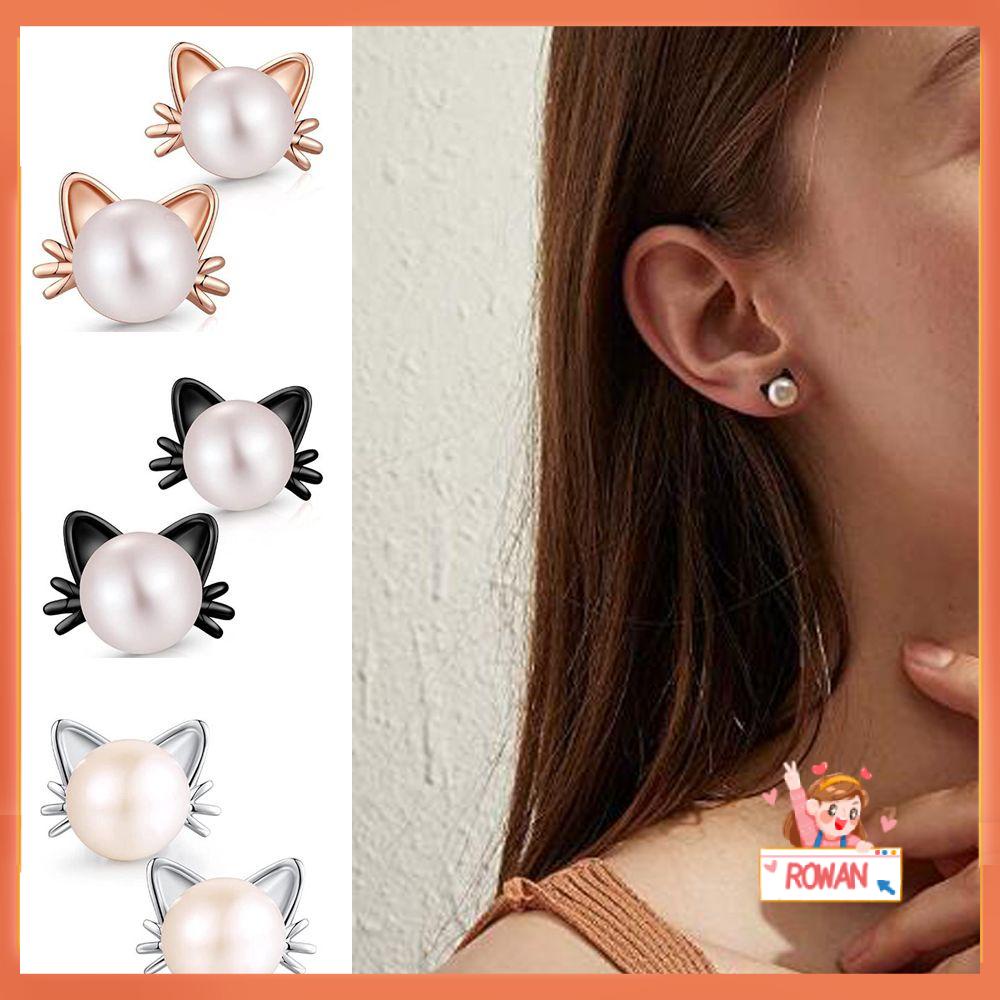 R-flower Cat Earrings Warna Hitam Untuk Wanita Gadis Perhiasan Hadiah Stud Mutiara Air Tawar