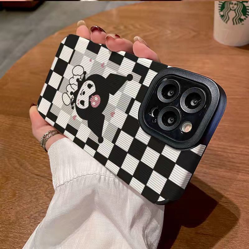 【Lamb Skin】Black and White Checked Kuromi Soft Case for IPhone 6S 7 Plus 8 Plus X XS XR XS Max 11 13 12 14 PRO Max 14 Plus 12 13 Mini Camera Protect Women's Fashion Anime Cartoon