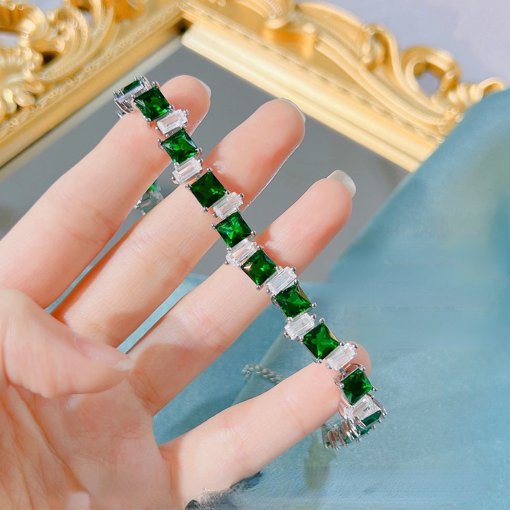 Goldkingdom Fashion Perhiasan Aksesoris Ready Stock Desainer Baru Cahaya Mewah Gelang Zamrud Briliant Warna-Warni Permata Putri Persegi Berlian Adjustable Hijau Berlian Gelang