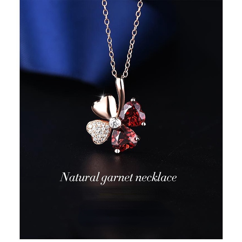 Goldkingdom Fashion Perhiasan Aksesoris Ready Stock Mewah Edisi Korea Semanggi Beruntung Kalung Garnet Liontin Kristal Merah Rantai Wanita Perhiasan Perak