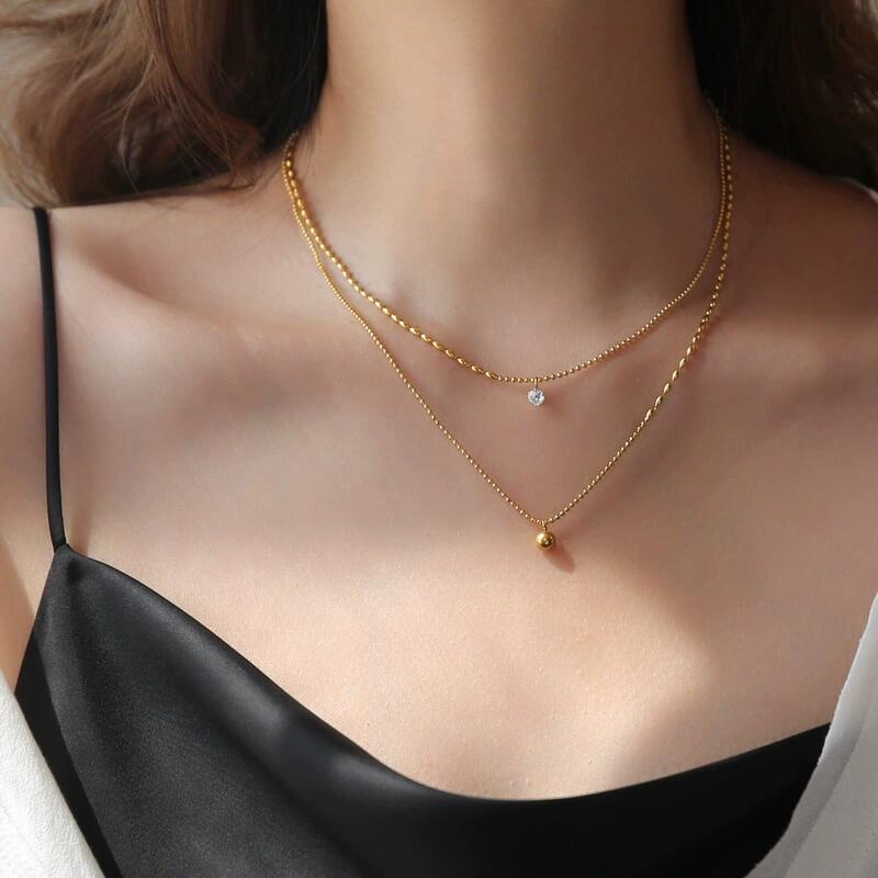 Kalung titanium Berlian 1karat Wanita Tahan Karat Tidak Luntur Manik Bulat Kecil Manik-Manik Rantai Emas