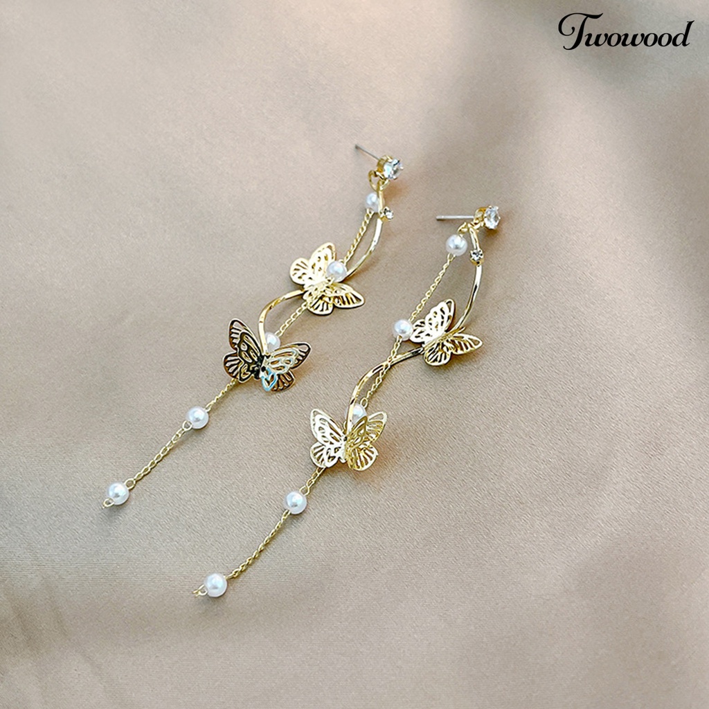 Twowood 1pasang Anting Stud Temperamen Rumbai Panjang Kristal Imitasi Geometris Electroplating Hias Berlian Imitasi Wanita Kupu-Kupu Mutiara Imitasi Menjuntai Earrings Perhiasan Untuk Pacaran