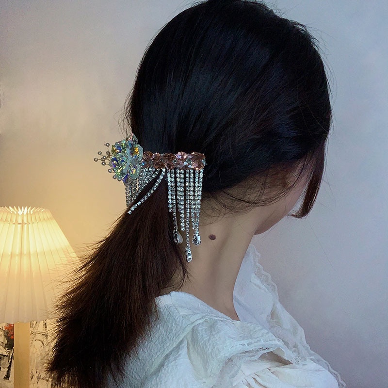 Korean Light Luxury Dazzle Retro Tassel Crystal Flower Hairpin Long Chain Spring Clip Female