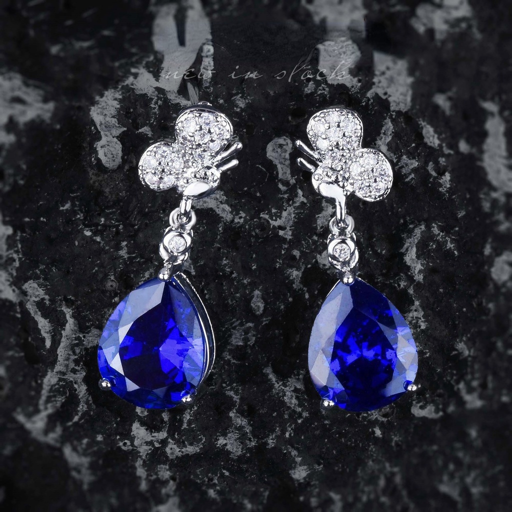 Goldkingdom Aksesoris Perhiasan Fashion Ready Stock Cahaya Mewah Cantik Mimpi Biru Tanzanite Merpati Darah Permata Merah Super Peri Kupu-Kupu Telinga Stud