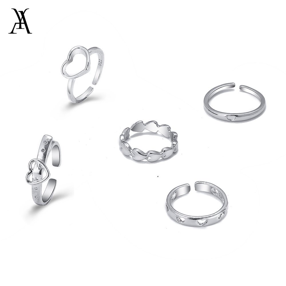 AY(CN) 5pcs / Set Cincin Silver Desain Hati Hollow Gaya Korea Untuk Wanita