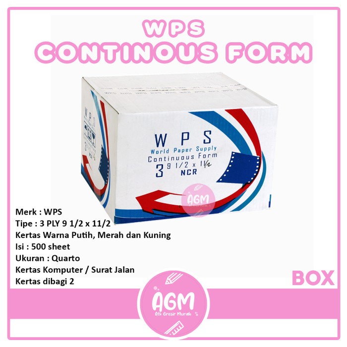 

WPS Continous Form 3 Ply 9 1/2 X 11/2 NCR Ukuran Quarto - Per Box