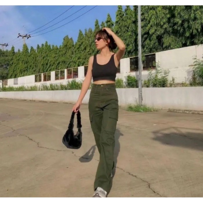 Highwaist Loose Jeans Cargo Green Army