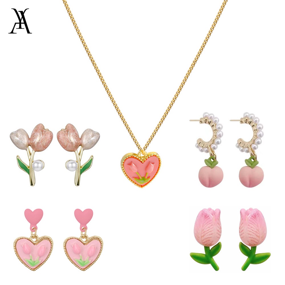 AY(CN) Anting Dan Kalung Liontin Mutiara Bentuk Babi Tulip Warna Pink Gaya Korea Untuk Wanita