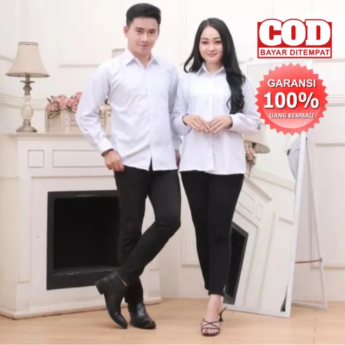 Kemeja Couple Pasangan Cewek Cowok Polos lengan panjang slimfit hem pria kantor hitam navy putih