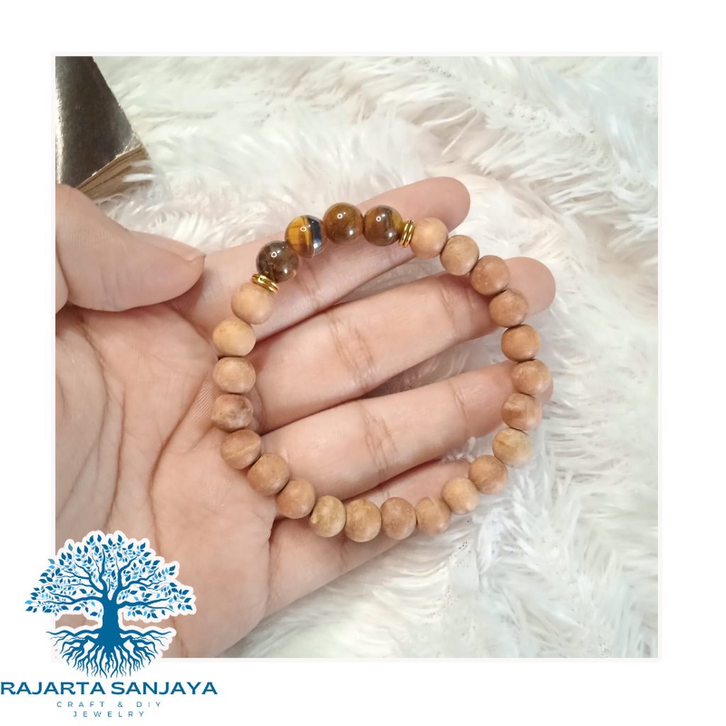 Gelang Batu Original Handmade Kayu Cendana Kombinasi Batu Alam Tiger Eye