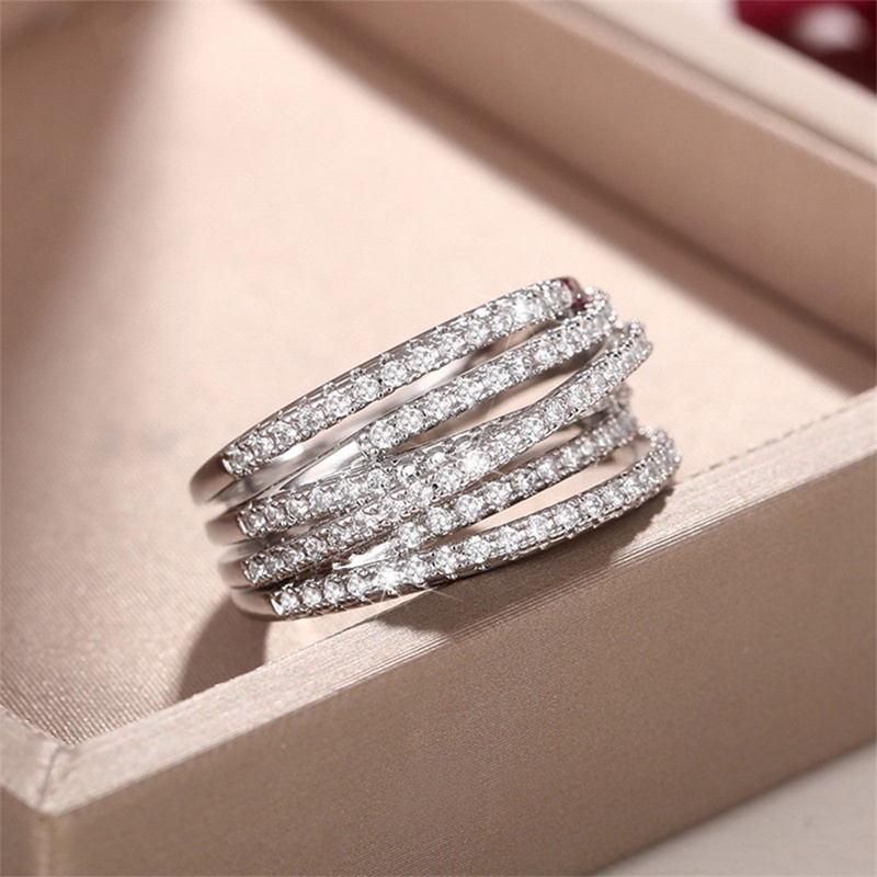 Fashion Cincin Jari Silang Multi-Layer Dengan Batu Cubic Zirconia Mempesona Pakaian Sehari-Hari Statement Rings Untuk Wanita Perhiasan Pesta