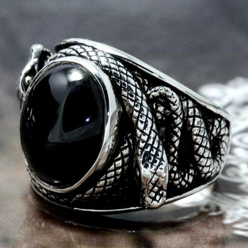 Punk Cincin Batu Permata Hitam Untuk Pria Perhiasan Vintage Kuno Warna Perak Salib Ular Diukir Logam Oval Zirkon Jari Cincin Hadiah