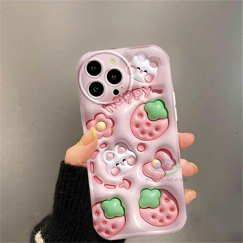 Casing hp Realme 10 C15 C12 C25S C11 C20 realme5 5i 6i C3 8i C21Y C25Y Cream Strawberry Rabbit Silikon Airbag Case Binteacase