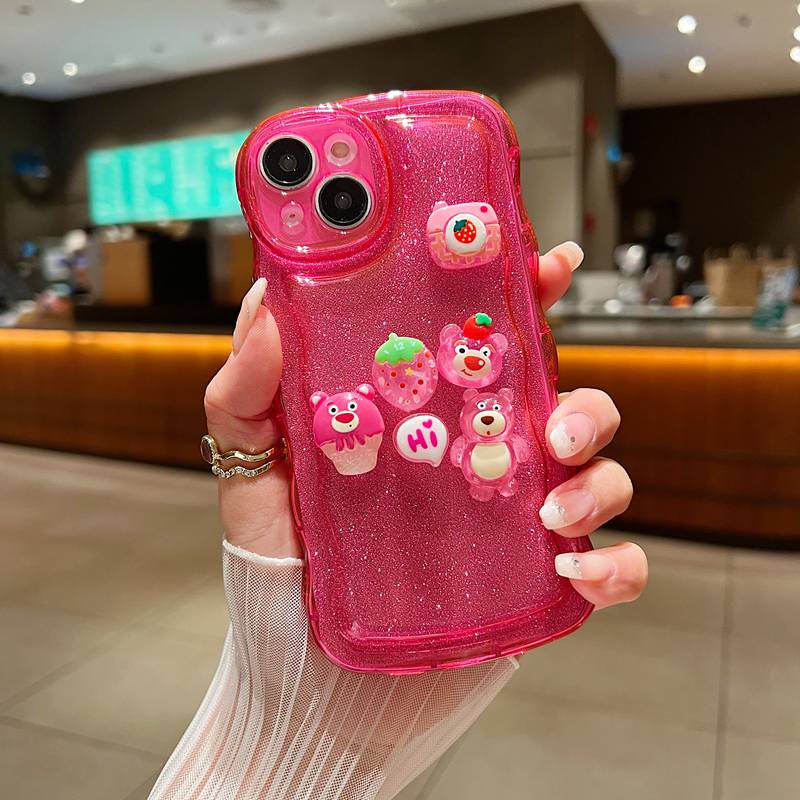 【Wave Doll】Cute LOTSO Soft Case iPhone X XR XS Max 11 12 13 14 Pro Max Strawberry Bear Cartoon Clear Phone Case Camera Protect Pink